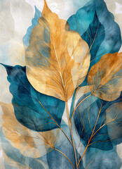 Golden and blue tree leaves on white background. Great for wall art and home decor. Watercolor transparent golden dark blue leaves on white background illustration. Ai generative.