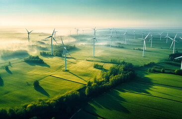 an aerial photo of windmills on a green field