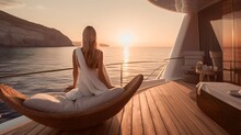 Rear View Woman Relaxing On A Luxury Boat, Generative AI