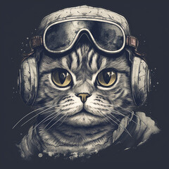 Closeup of a cat wearing vintage aviator inspired goggles. Created using ai generative. 