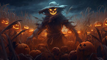 Animated Spooky Scarecrow In A Corn Field On Halloween Night. Atmospheric Chilling Background. Ai Generative