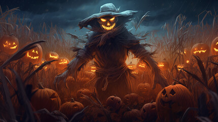 animated spooky scarecrow in a corn field on halloween night. atmospheric chilling background. ai ge