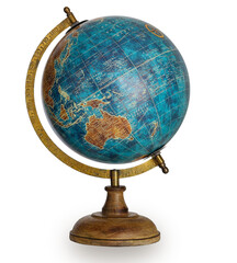 table world wooden globe model in blue color isolated on white background.