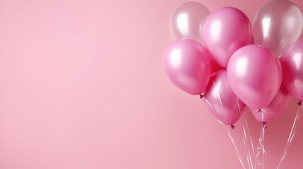 Pink balloons on pink background. Balloons on pastel pink background. Frame made of pink balloons. Birthday, holiday concept. Flat lay, copy space.