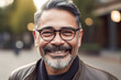 Portrait of a smiling middle-aged Indian man wearing glasses outdoors. Generative AI