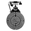 © Olena - Vintage rotary dial telephone on top of a round spiral maze or labyrinth symbol. Creative concept. Black and white silhouette.