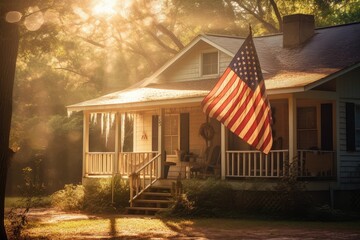 Wall Mural - The iconic US flag proudly displayed on a sunny porch, embodying patriotism and the spirit of freedom