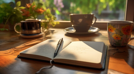 Wall Mural - Book and a cup of hot coffee on the table against a window overlooking the morning sun.Created with Generative AI technology.