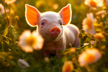 Cute Little Piglet In The Meadow With Daisies. Generative AI.