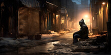 A Homeless Person Sitting Alone On A Cold, Desolate Street, Surrounded By Shadows And Discarded Objects.