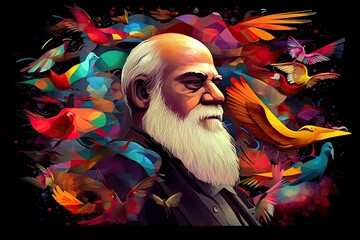 Colorful Illustration of Charles Darwin, Natural selection and evolution scientist, Generative AI