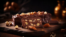  Slice Of Almond And Hazelnut Chocolate Nougat On Wooden Board