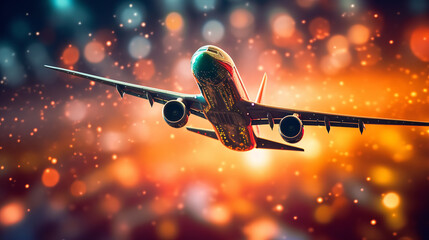 Wall Mural - Flying airplane in space with blurred background photon in bokeh style