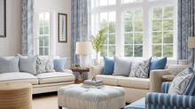 Interior Design, Living Room Decor And House Improvement, Furniture, Sofa, Home Decor, White And Blue Textiles, Country Cottage Lounge Style, Generative Ai