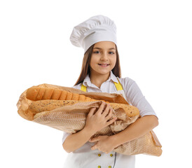 Canvas Print - Little baker with fresh baguettes on white background