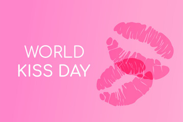 Wall Mural - World kiss day background with lipstick imprint. Poster, banner template with copy space for text, pink backdrop. Vector illustration