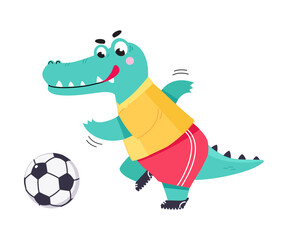 Poster - Funny Crocodile Animal Character Playing Football Wearing Uniform Passing Ball Vector Illustration