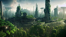 Dystopian Future City In Nature, City In Forest, Green City, Futuristic Architecture, Generative AI