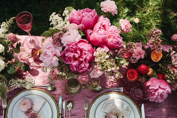 Holiday tablescape, formal dinner table setting, pink peony table scape with peonies decoration for wedding party and event celebration, generative ai