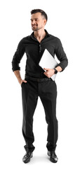 Poster - Handsome businessman with laptop on white background