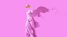 Digital Disintegration Of Sculpture Winged Victory With Golden Vr Glasses On Pink Background.. 4k. 3840x2160. 3d Animation.