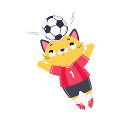 Poster - Funny Cat Animal Character Playing Football Wearing Uniform Passing Ball Vector Illustration