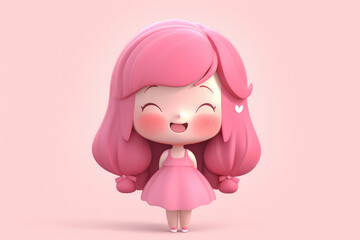 Wall Mural - Cute kawaii young girl with pink hair and pink dress isolated on flat pink background. Happy woman mascot. Generative AI illustration in pastel light colors.