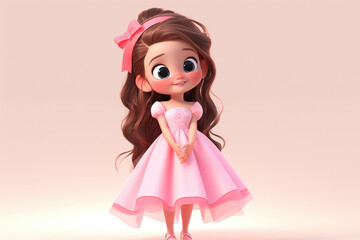 Wall Mural - Cute kawaii young girl with brown hair and pink dress isolated on flat peach background. Pretty woman mascot. Generative AI illustration in pastel light colors.