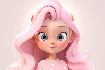 Wall Mural - Cute kawaii young girl with pink hair and pink dress isolated on flat white background. Pretty woman face mascot. Generative AI illustration in pastel light colors.