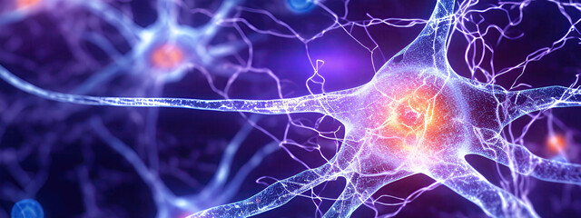 Neural connections under a microscope, blue background, pink, purple. AI generated