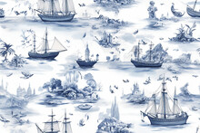 A Nautical Toile De Jouy Seamless Pattern Blue And White	