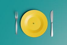 Yellow Plate With Only A Green Pea With Fork And Knife On Each Side On Green Background. Illustration Of The Concept Of Superfood, Dieting, Famine And Green Diet