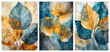 Leinwandbild Motiv Set of golden and blue tree leaves on white background. Great for wall art and home decor. Set of three watercolor transparent golden dark blue leaves on white background illustration. Ai generative.