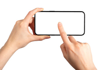 Hand holding smartphone, finger clicking on blank screen mock-up, mobile phone display for playing video, isolated on white background