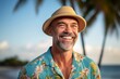 Portrait of happy senior man wearing beachwear and hat at tropical resort