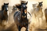 Fototapeta Panele - Group of horses running gallop in the desert