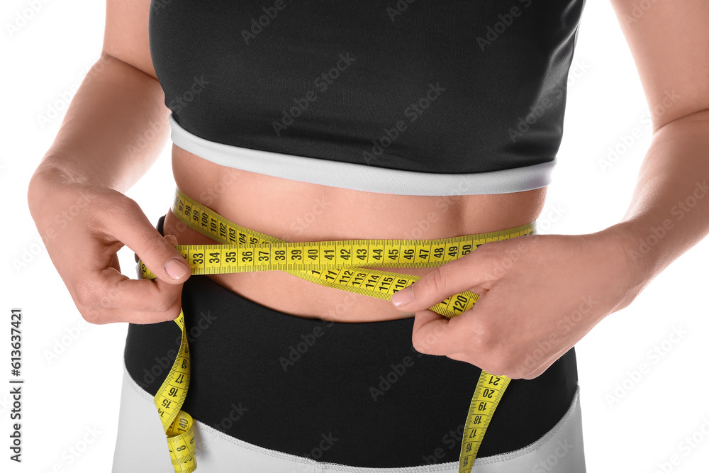 Young woman with measuring tape on white background, closeup. Diet concept