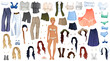 Vacation Outfit Paper Doll with Clothing, Hairstyles and Accessories. Vector Illustration