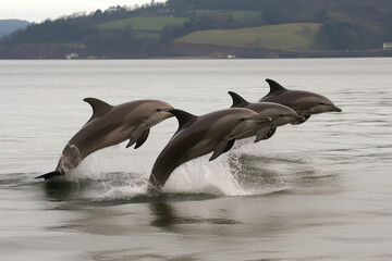 Wall Mural - A breathtaking shot of a pod of dolphins leaping joyfully out of the water, showcasing their playful nature and strong social bonds