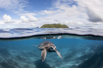 Wall Mural - A close-up shot of a majestic sea turtle gracefully swimming through crystal-clear waters, showcasing the beauty and elegance of these gentle creatures