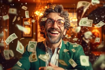 jackpot winner in the lottery, rich man under money rain
