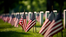 American Flags On The Graves Of American Veterans On Memorial Day, National Cemetery, American Flags At Sunset. Generative Ai