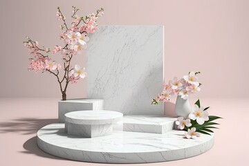 Poster - decorative marble table with a vase of flowers. Generative AI