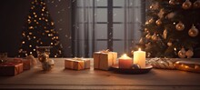 Banner Image Of An Empty Wooden Table In A Christmas Environment, With Christmas Tree And Gifts, In Winter. Hot And Warm Lighting. Ai Generative