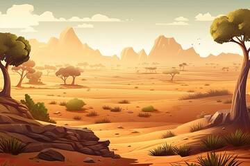 serene desert landscape with distant mountains and scattered trees. generative ai