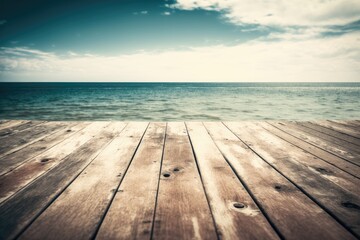 Sticker - Background of a vintage wooden deck, beautiful sky, and sea/summer vacation. Generative AI