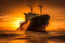 Large Ship Sinking At The Sunset. Maritime Disaster. Generative Ai