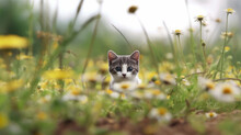 Cute Gray And White Kitten Hiding In A Field Of Flowers.