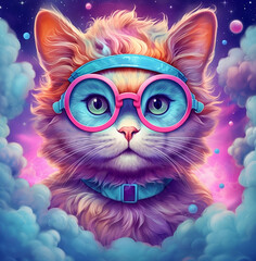  Colorful rainbow cat in the purple and pink sky and blue fluffy clouds illustration by generative AI
