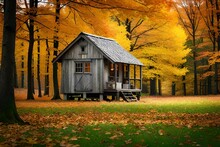 Old Farm House In The Forest At The Time Of Autumn Season, Generative Ai Technology